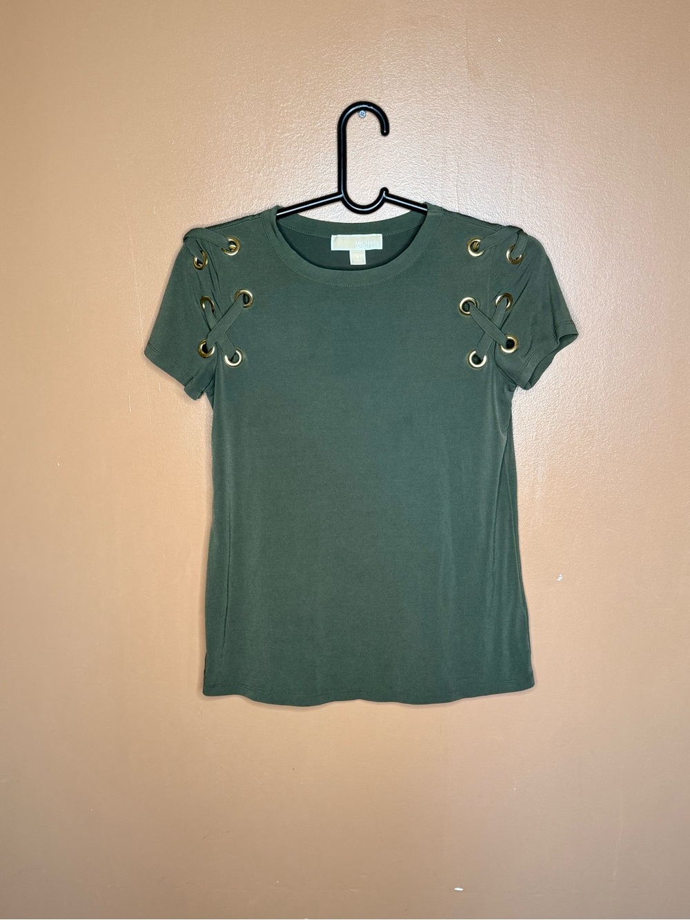 Michael Kors Olive Green Short Sleeve Top with Gold Eyelets